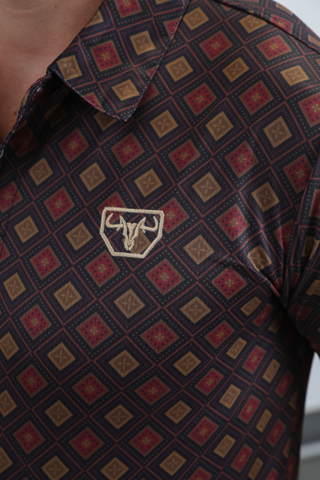 Mens Performance Fabric Modern Fit Stretch Aztec Print Black Polo