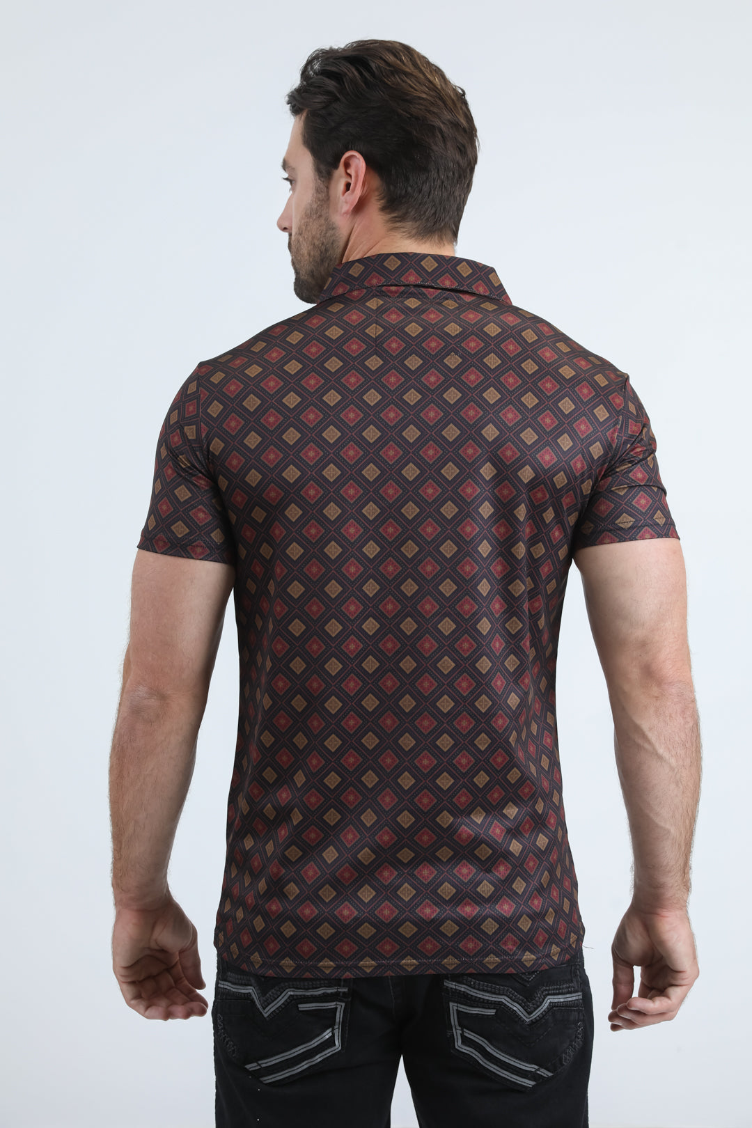 Mens Performance Fabric Modern Fit Stretch Aztec Print Black Polo