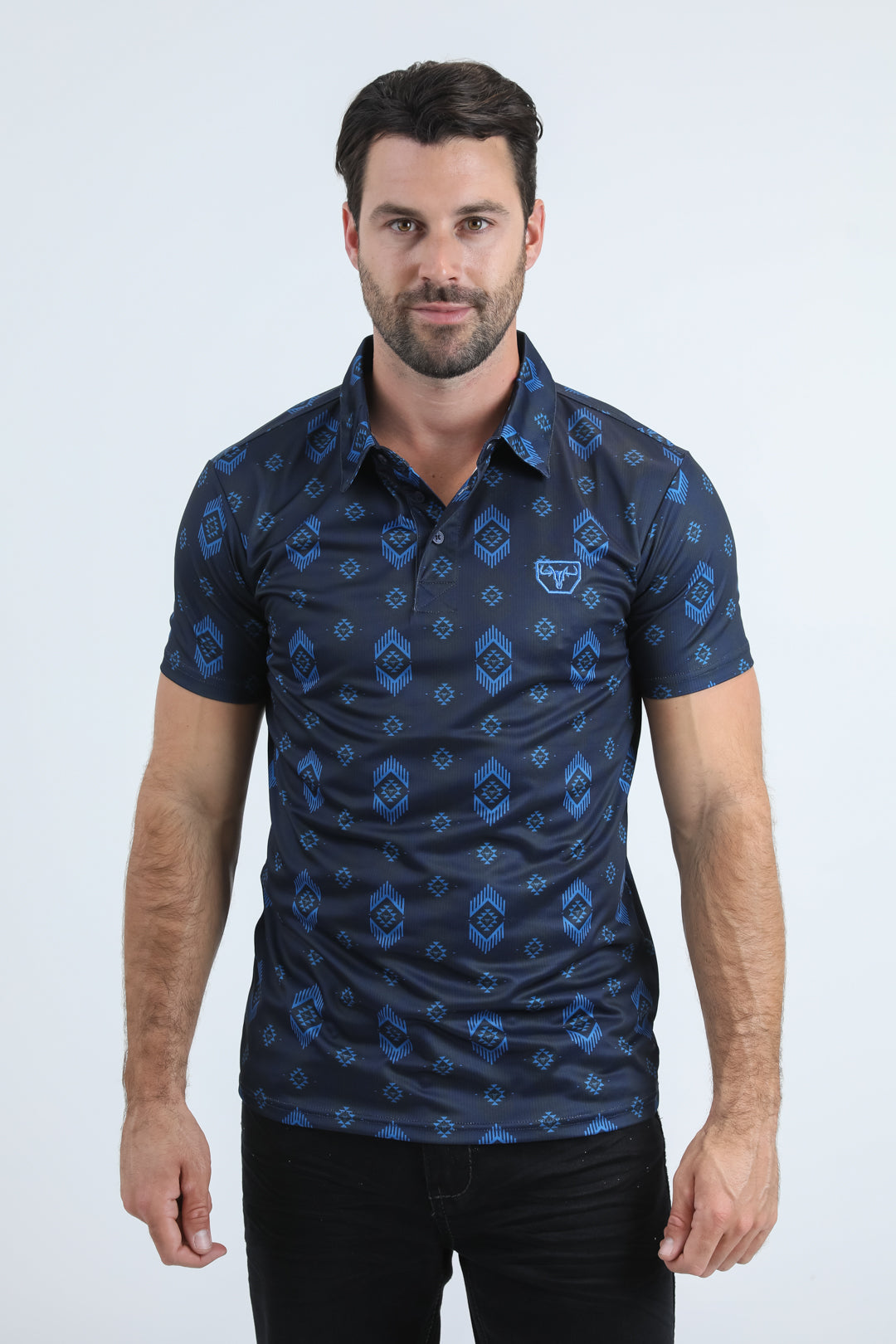Mens Performance Fabric Modern Fit Stretch Aztec Print Blue Polo
