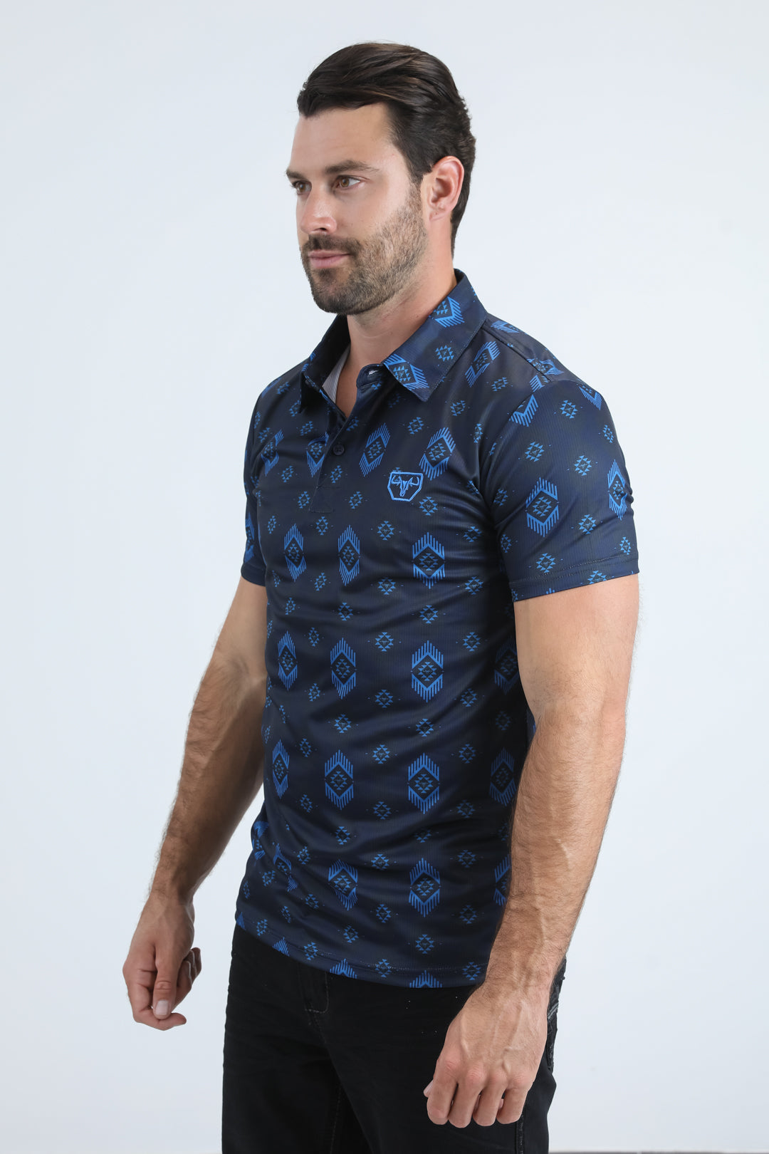 Mens Performance Fabric Modern Fit Stretch Aztec Print Blue Polo