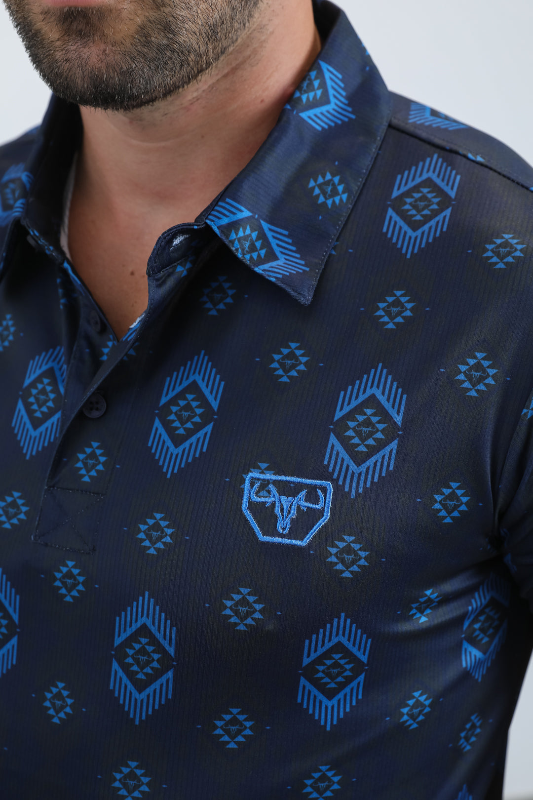 Mens Performance Fabric Modern Fit Stretch Aztec Print Blue Polo