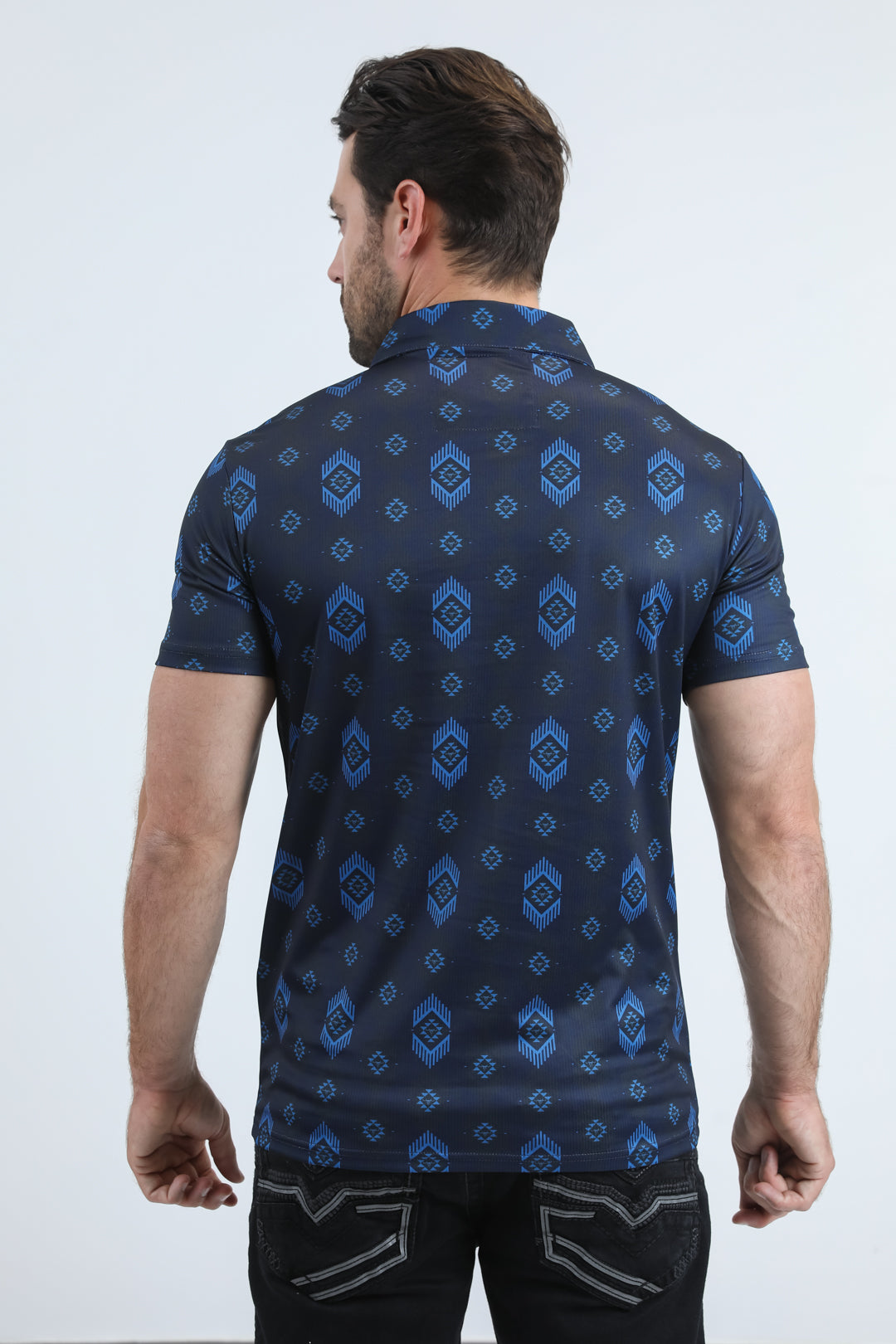 Mens Performance Fabric Modern Fit Stretch Aztec Print Blue Polo