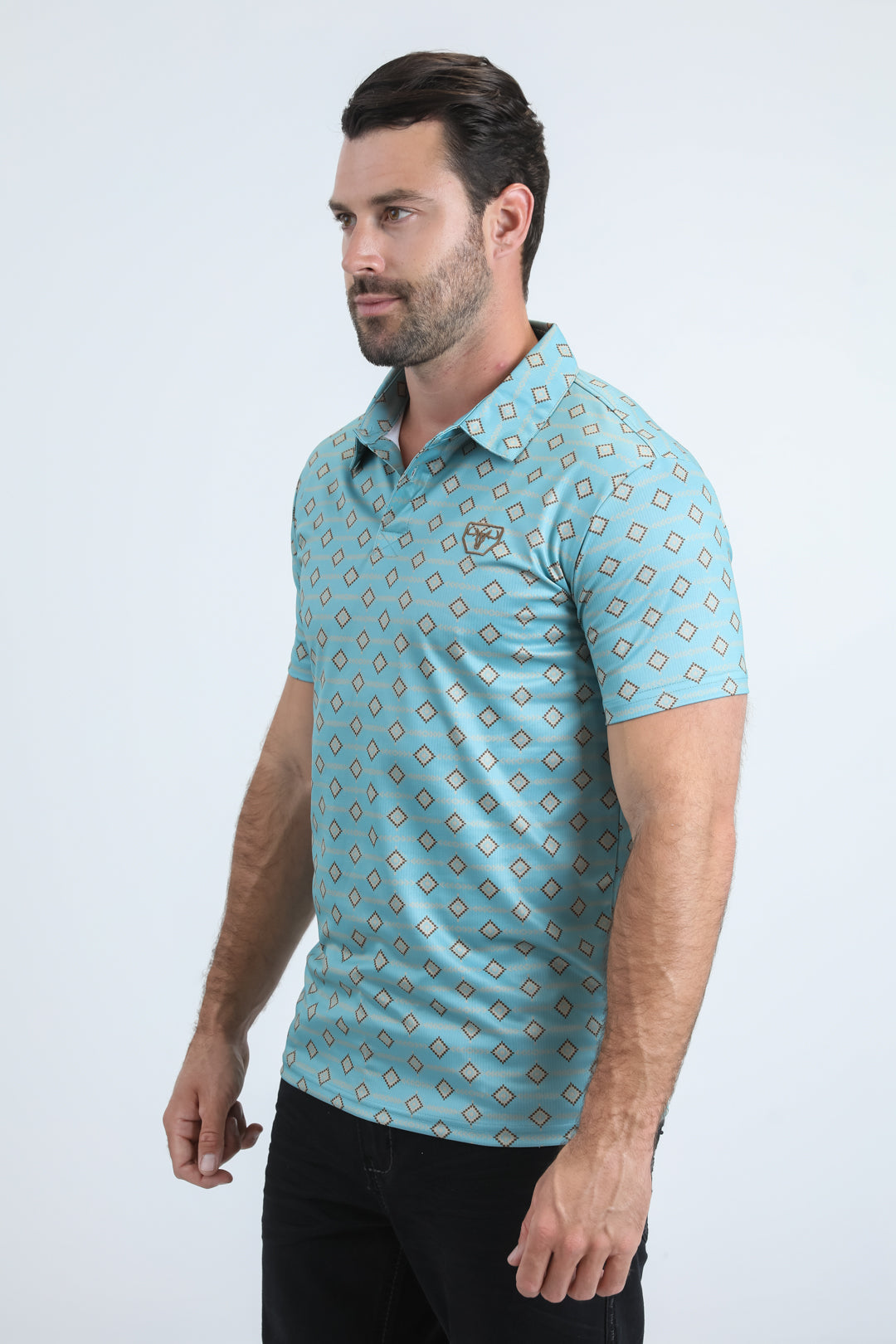 Mens Performance Fabric Modern Fit Stretch Aztec Print Blue Polo