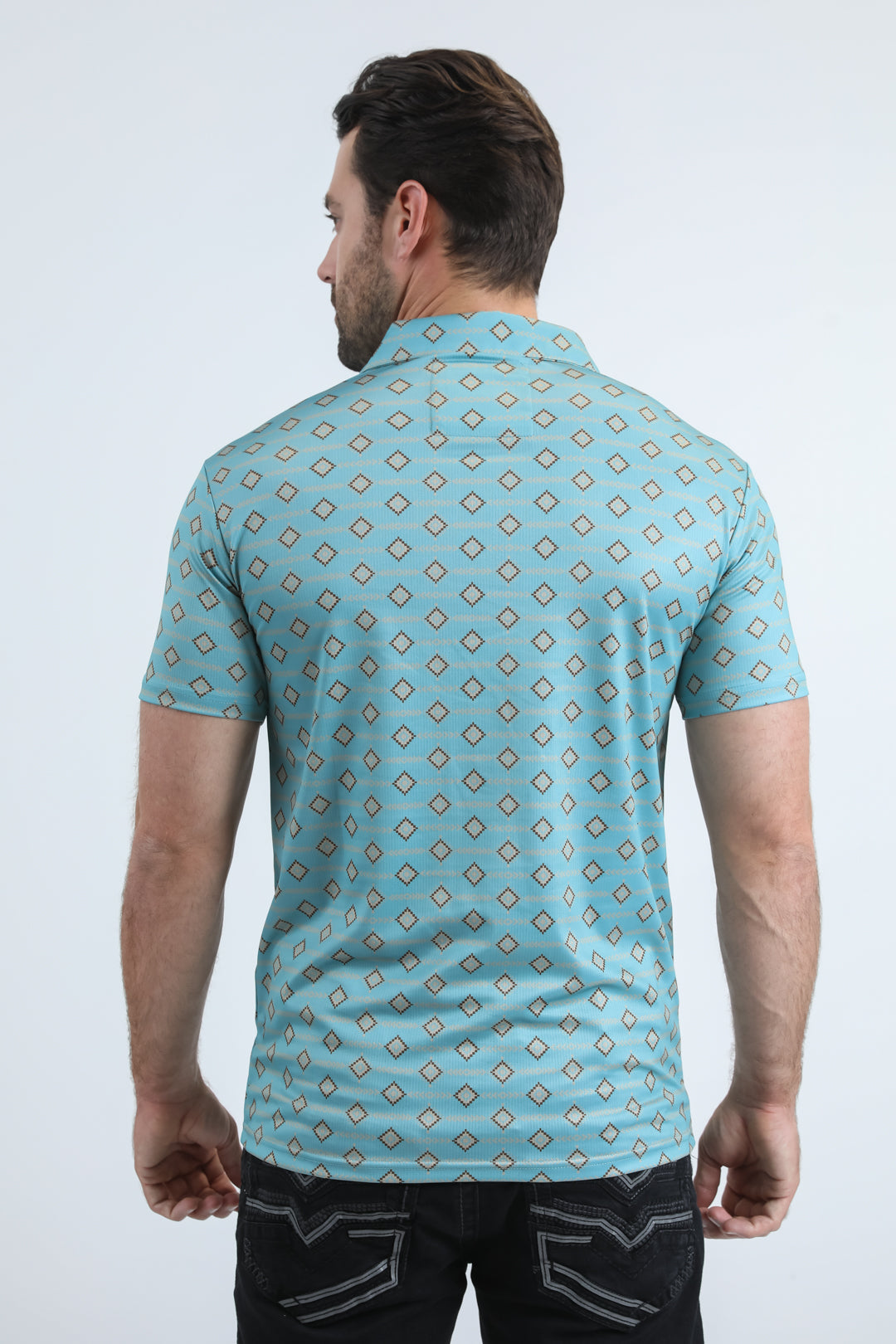 Mens Performance Fabric Modern Fit Stretch Aztec Print Blue Polo