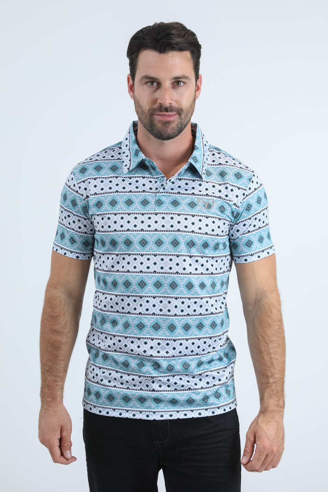 Mens Performance Fabric Modern Fit Stretch Aztec Print Blue Polo