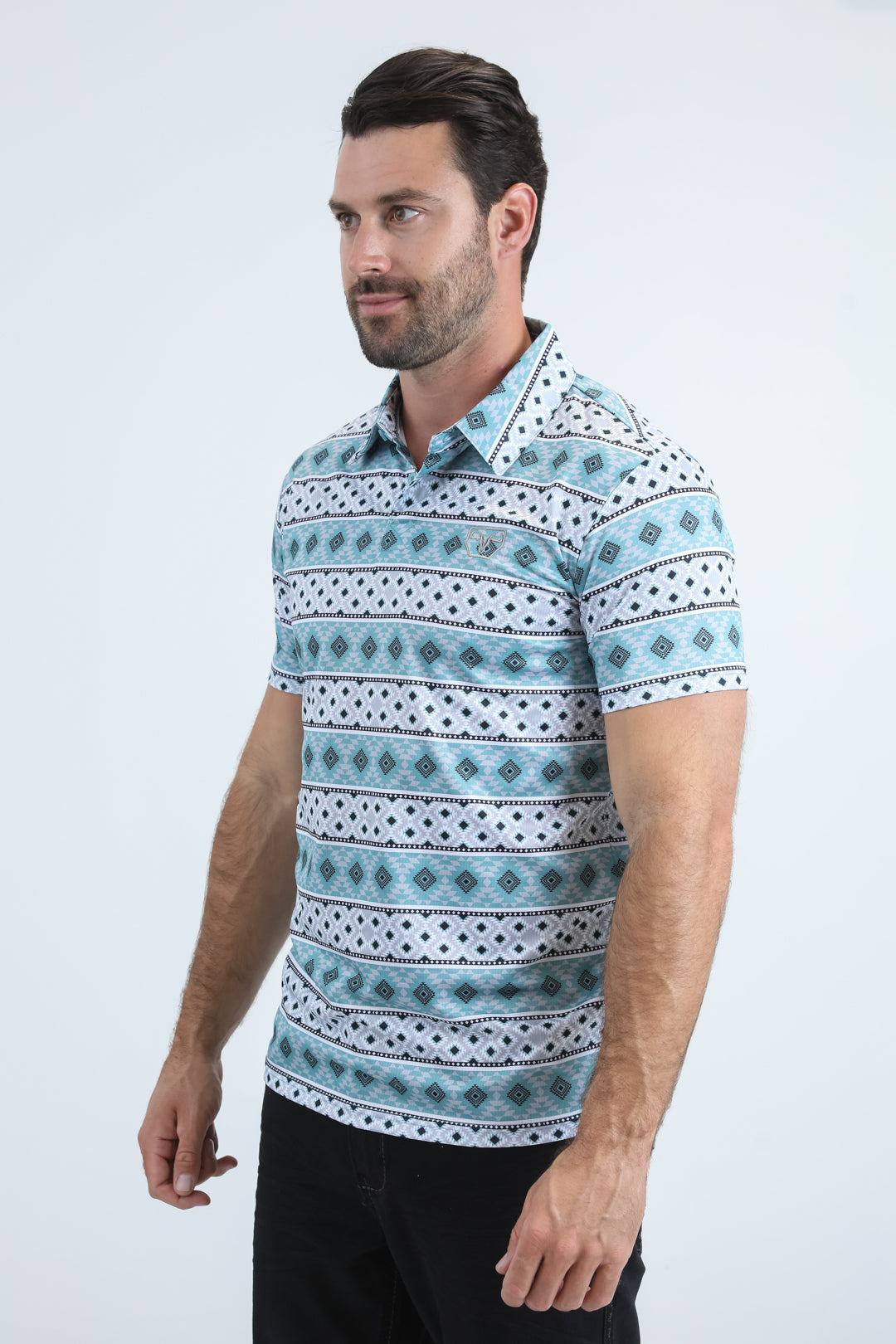Mens Performance Fabric Modern Fit Stretch Aztec Print Blue Polo