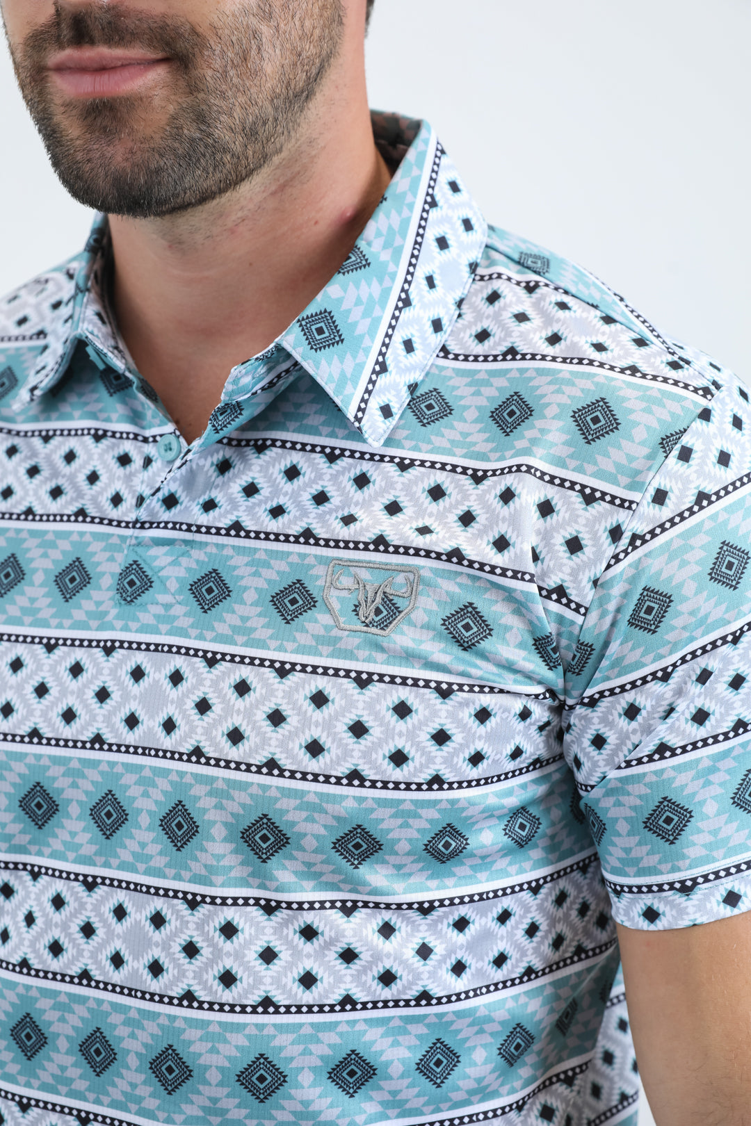 Mens Performance Fabric Modern Fit Stretch Aztec Print Blue Polo