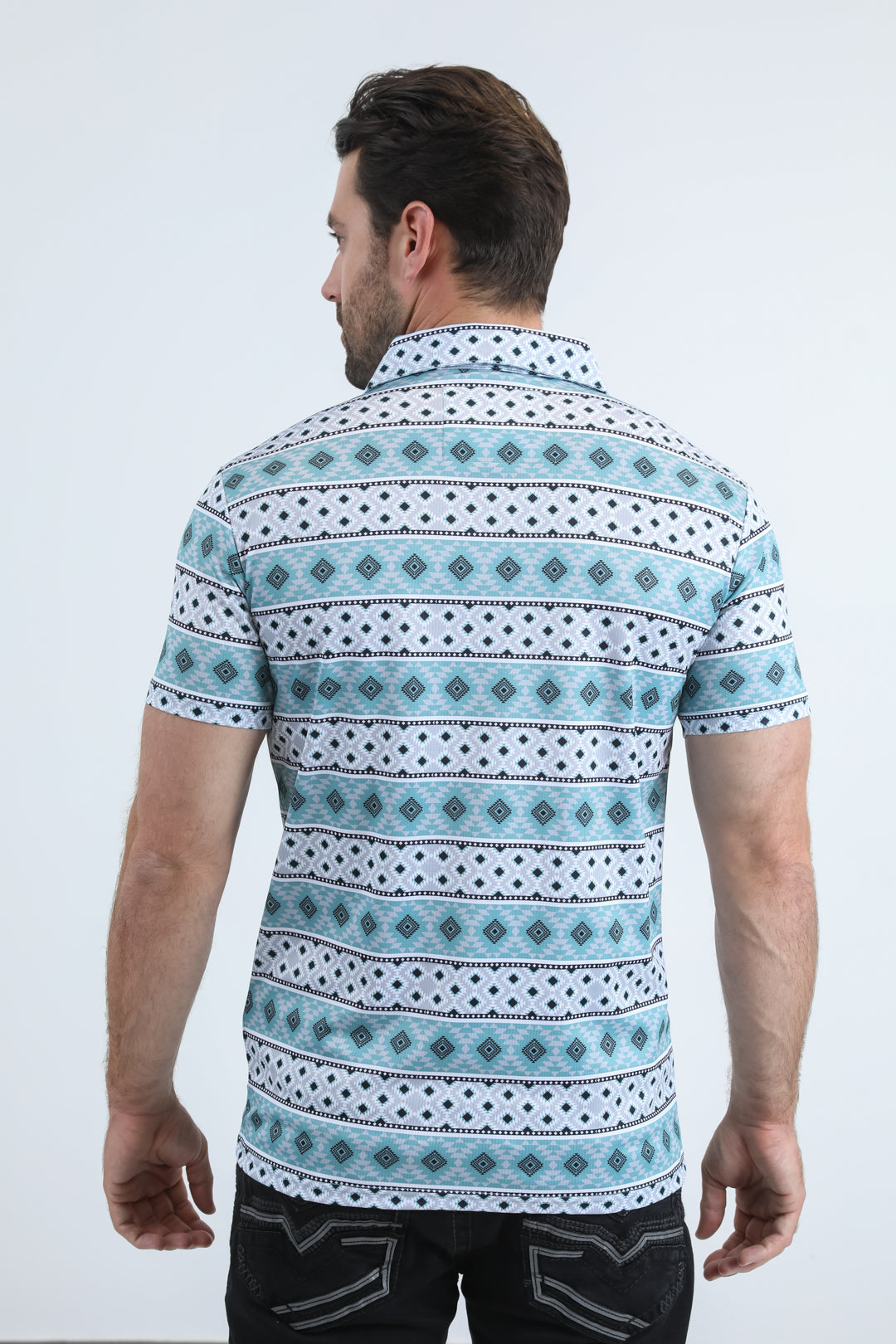 Mens Performance Fabric Modern Fit Stretch Aztec Print Blue Polo