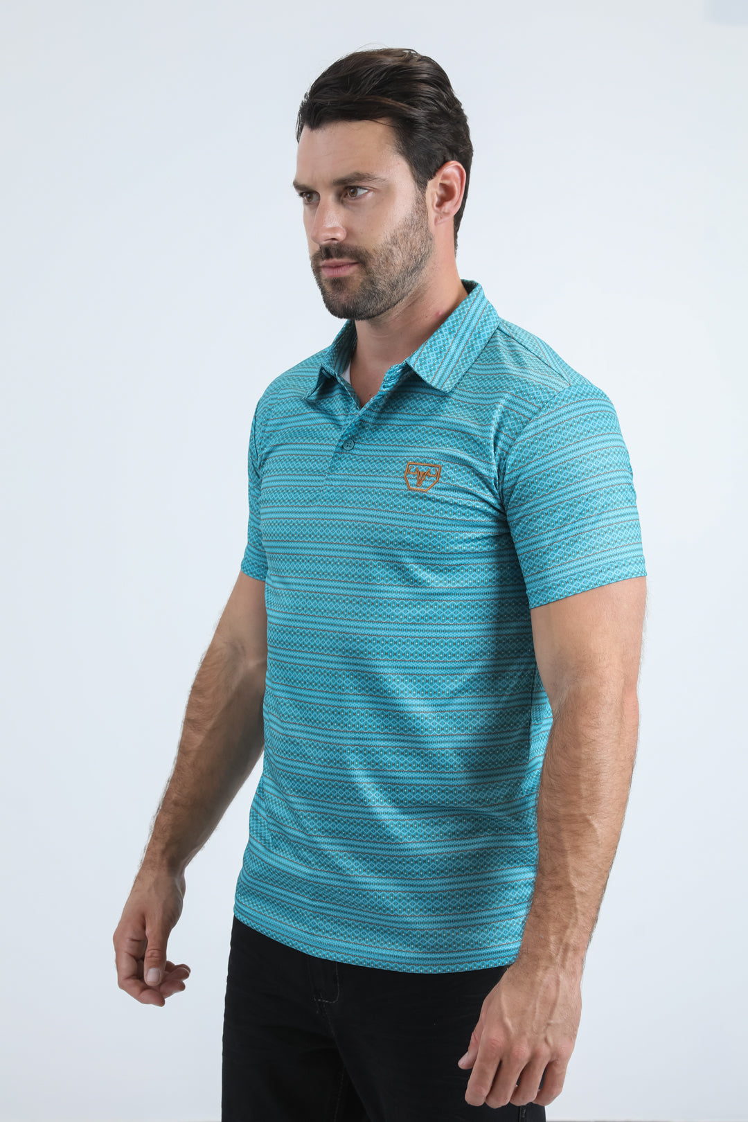 Mens Performance Fabric Modern Fit Stretch Aztec Print Blue Polo