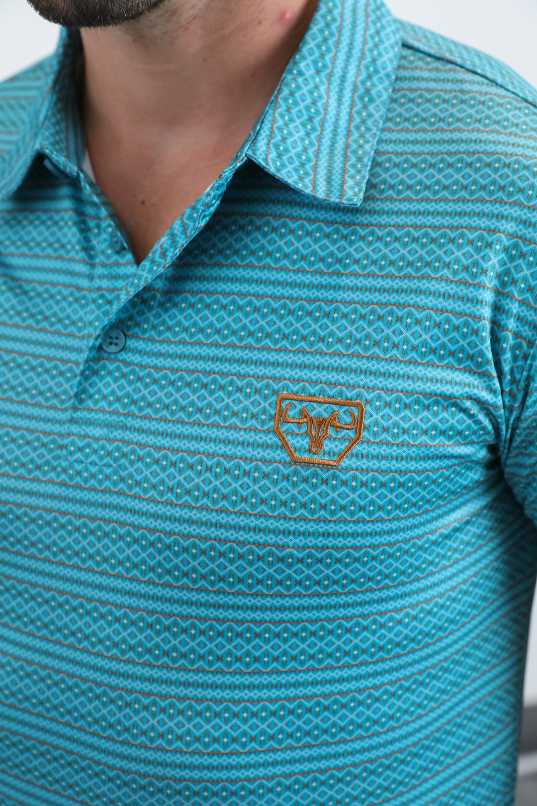 Mens Performance Fabric Modern Fit Stretch Aztec Print Blue Polo