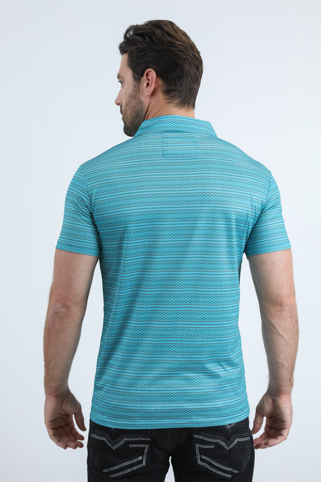 Mens Performance Fabric Modern Fit Stretch Aztec Print Blue Polo