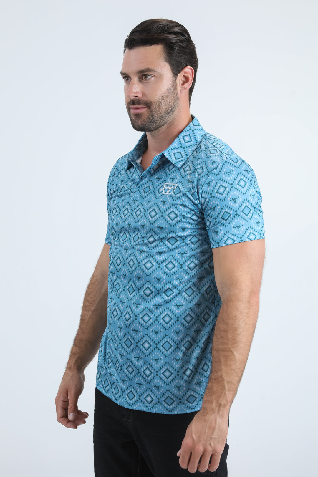 Mens Performance Fabric Modern Fit Stretch Aztec Print Blue Polo