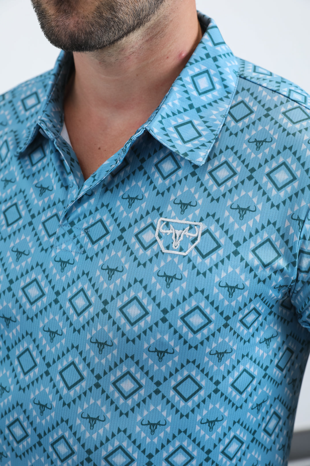 Mens Performance Fabric Modern Fit Stretch Aztec Print Blue Polo