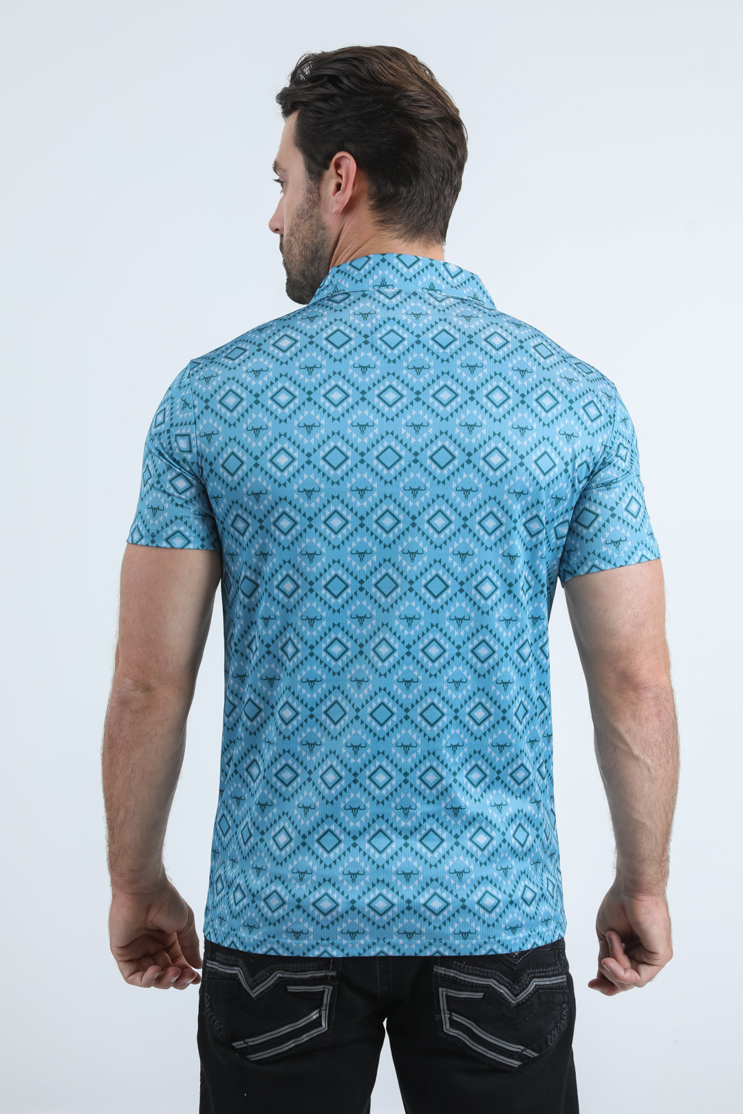 Mens Performance Fabric Modern Fit Stretch Aztec Print Blue Polo