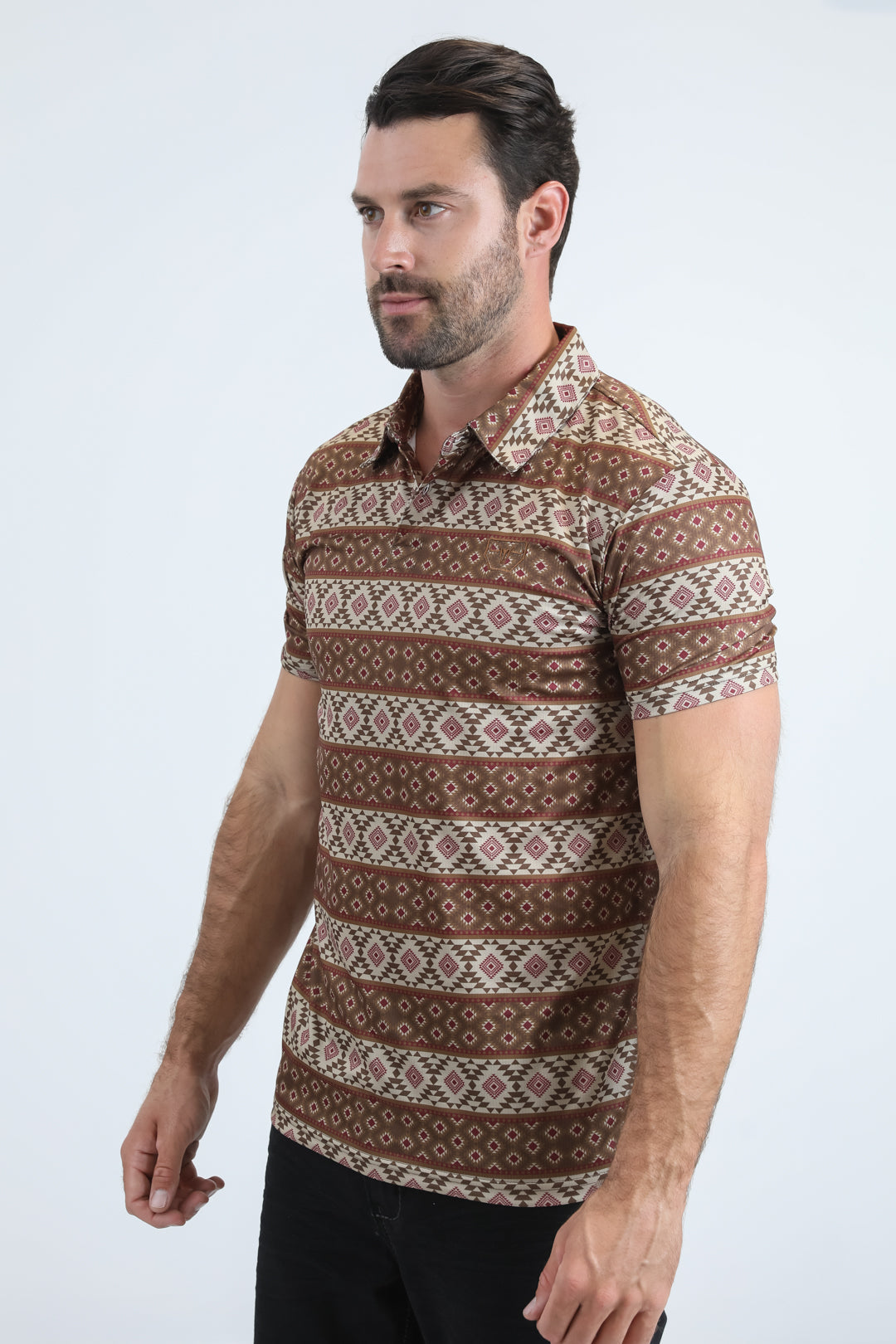 Mens Performance Fabric Modern Fit Stretch Aztec Print Brown Polo