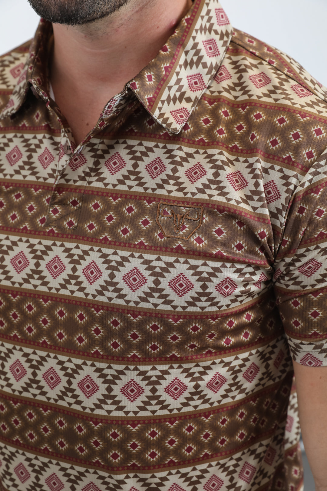 Mens Performance Fabric Modern Fit Stretch Aztec Print Brown Polo