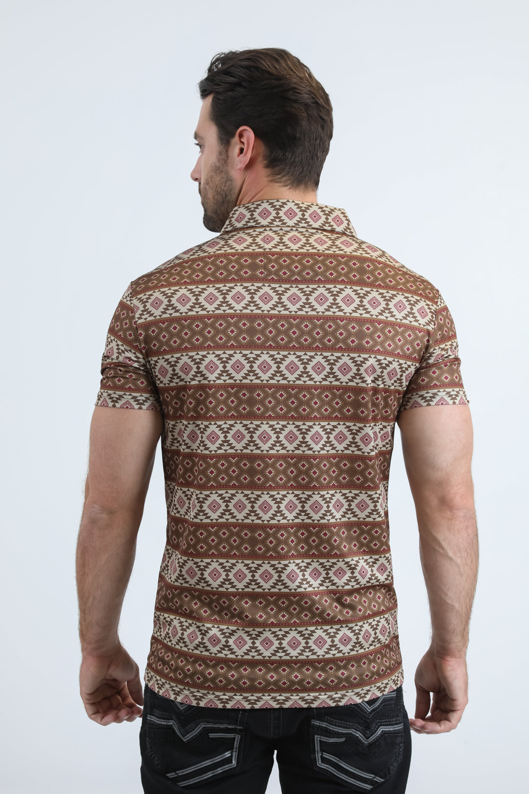 Mens Performance Fabric Modern Fit Stretch Aztec Print Brown Polo