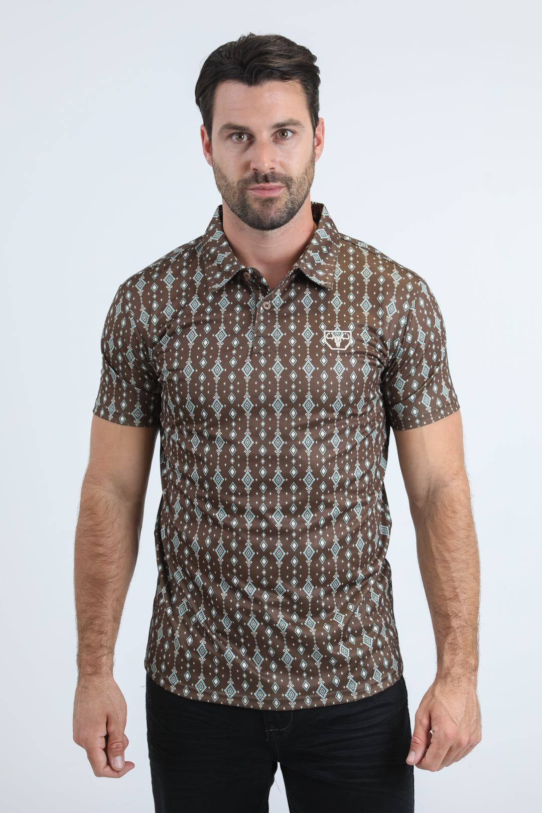 Mens Performance Fabric Modern Fit Stretch Aztec Print Brown Polo