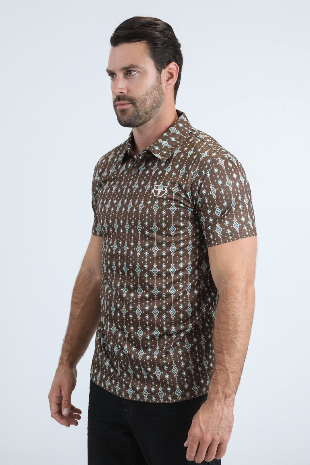 Mens Performance Fabric Modern Fit Stretch Aztec Print Brown Polo