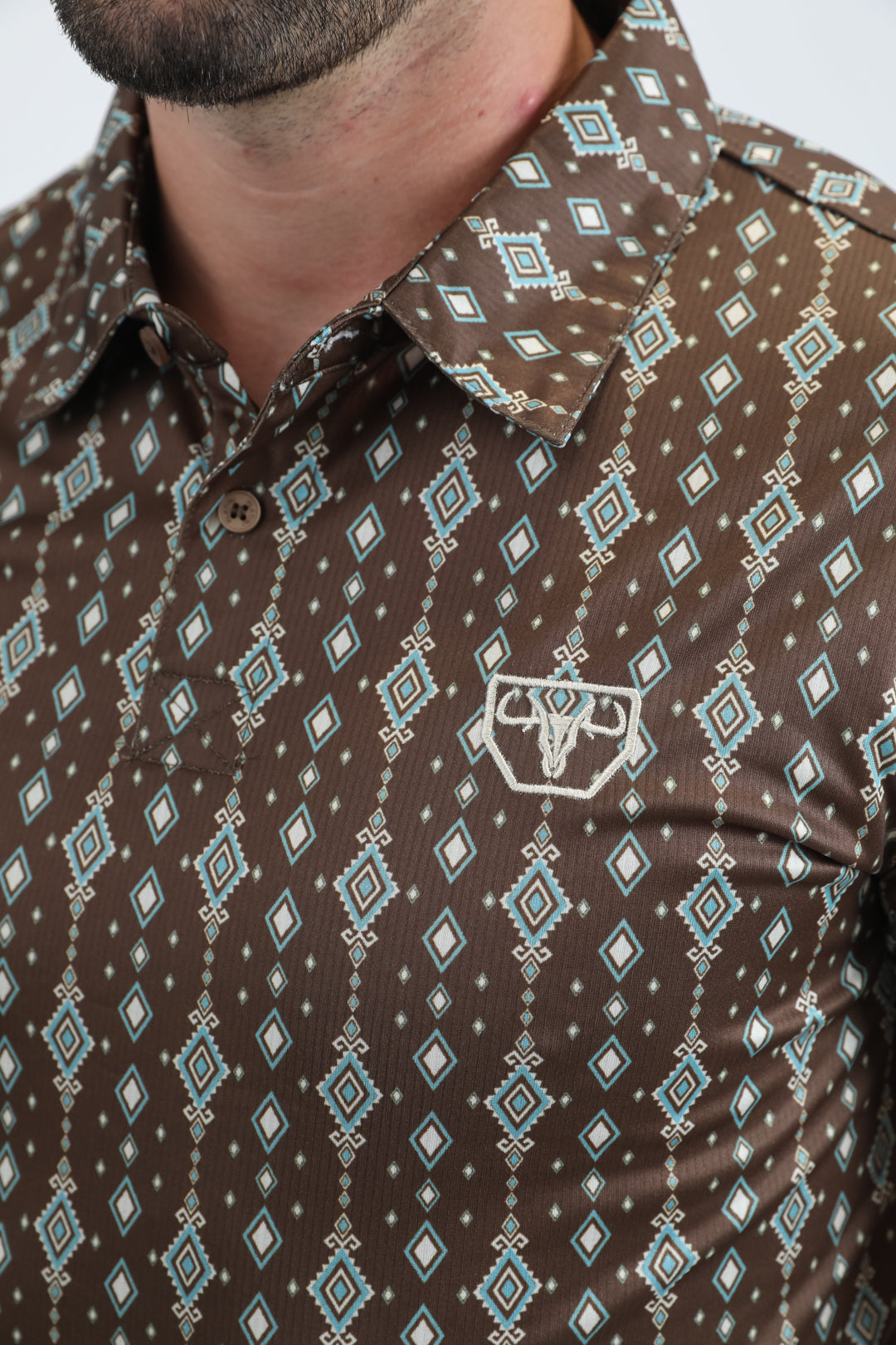 Mens Performance Fabric Modern Fit Stretch Aztec Print Brown Polo