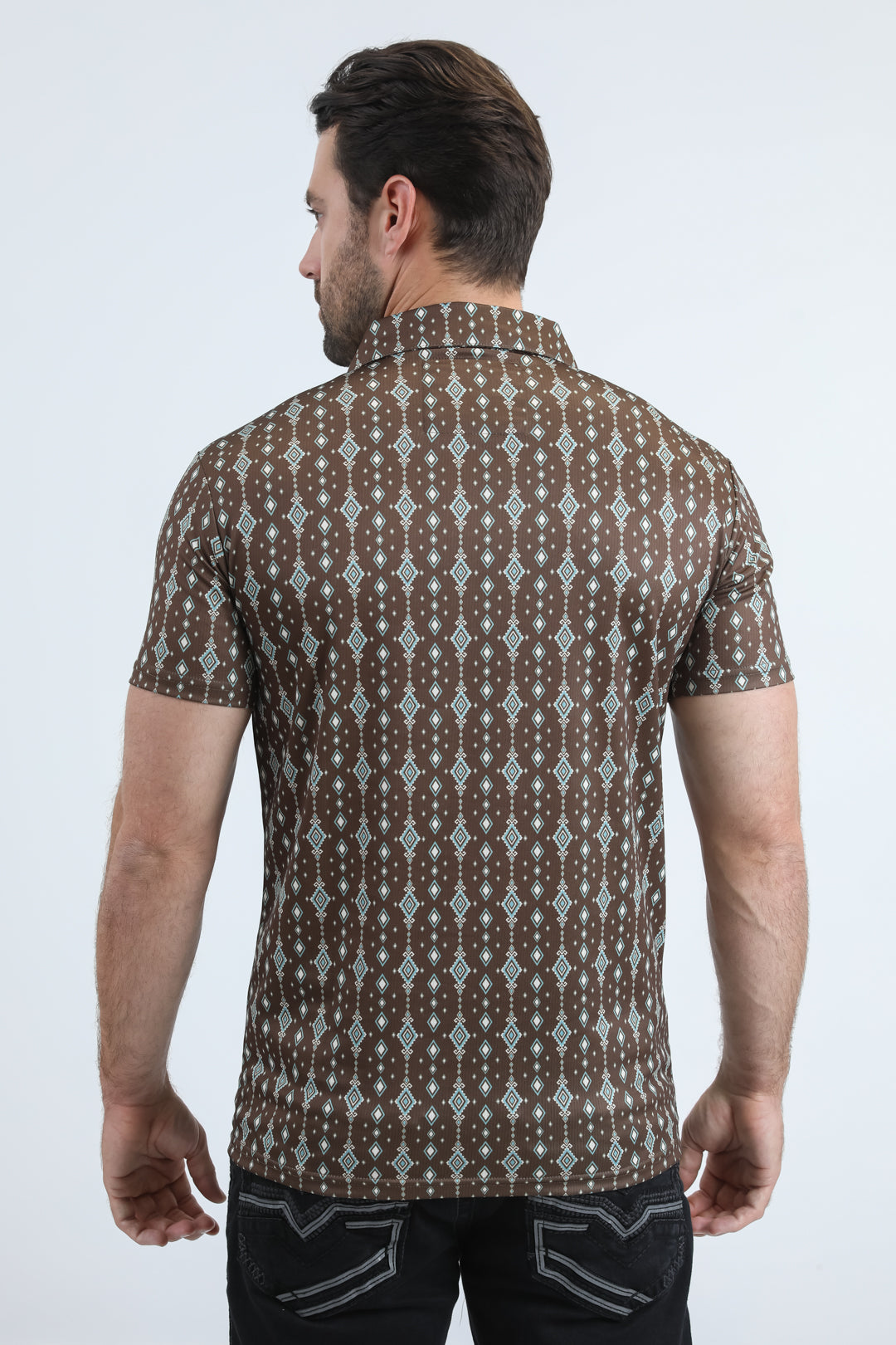 Mens Performance Fabric Modern Fit Stretch Aztec Print Brown Polo
