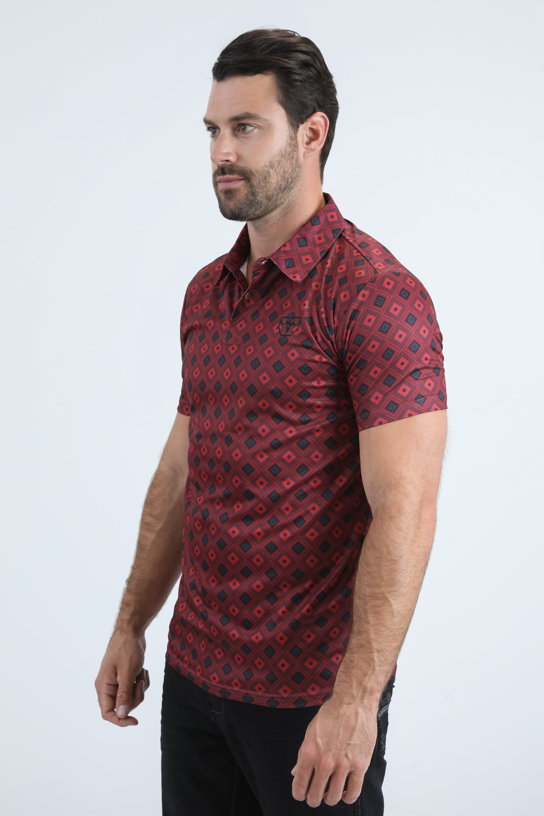 Mens Performance Fabric Modern Fit Stretch Aztec Print Burgundy Polo
