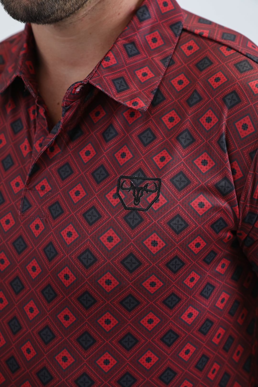 Mens Performance Fabric Modern Fit Stretch Aztec Print Burgundy Polo