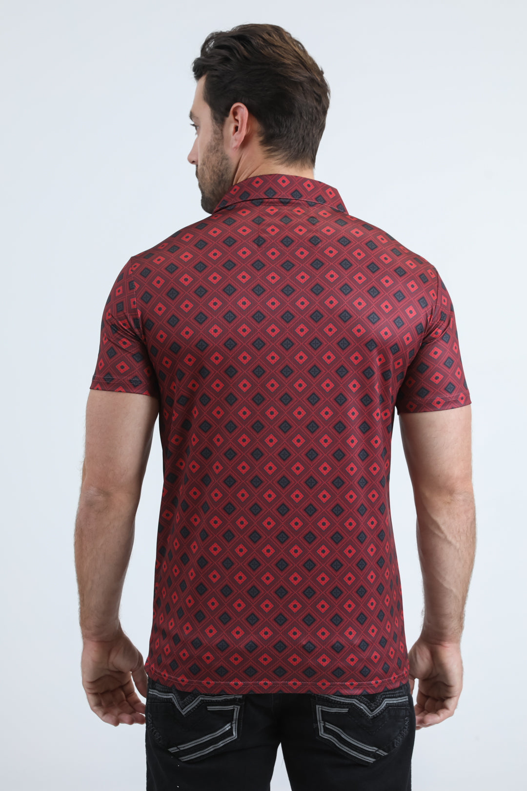 Mens Performance Fabric Modern Fit Stretch Aztec Print Burgundy Polo