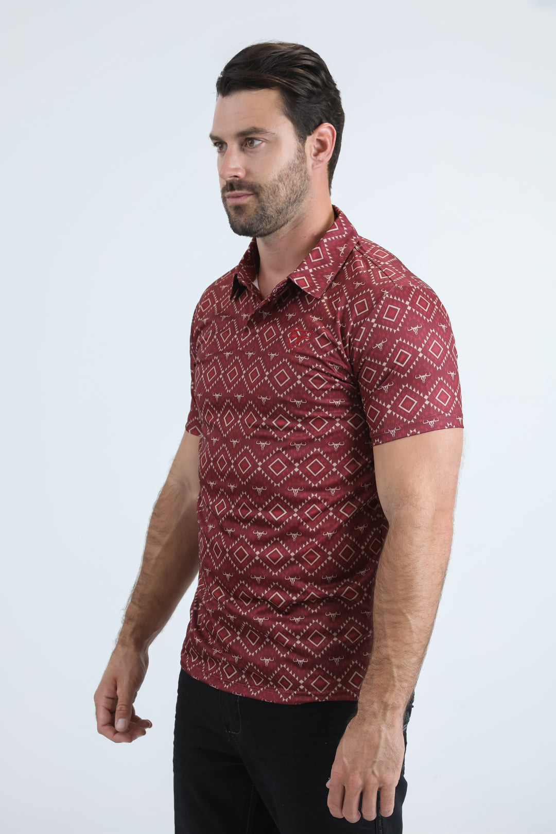 Mens Performance Fabric Modern Fit Stretch Aztec Print Red Polo