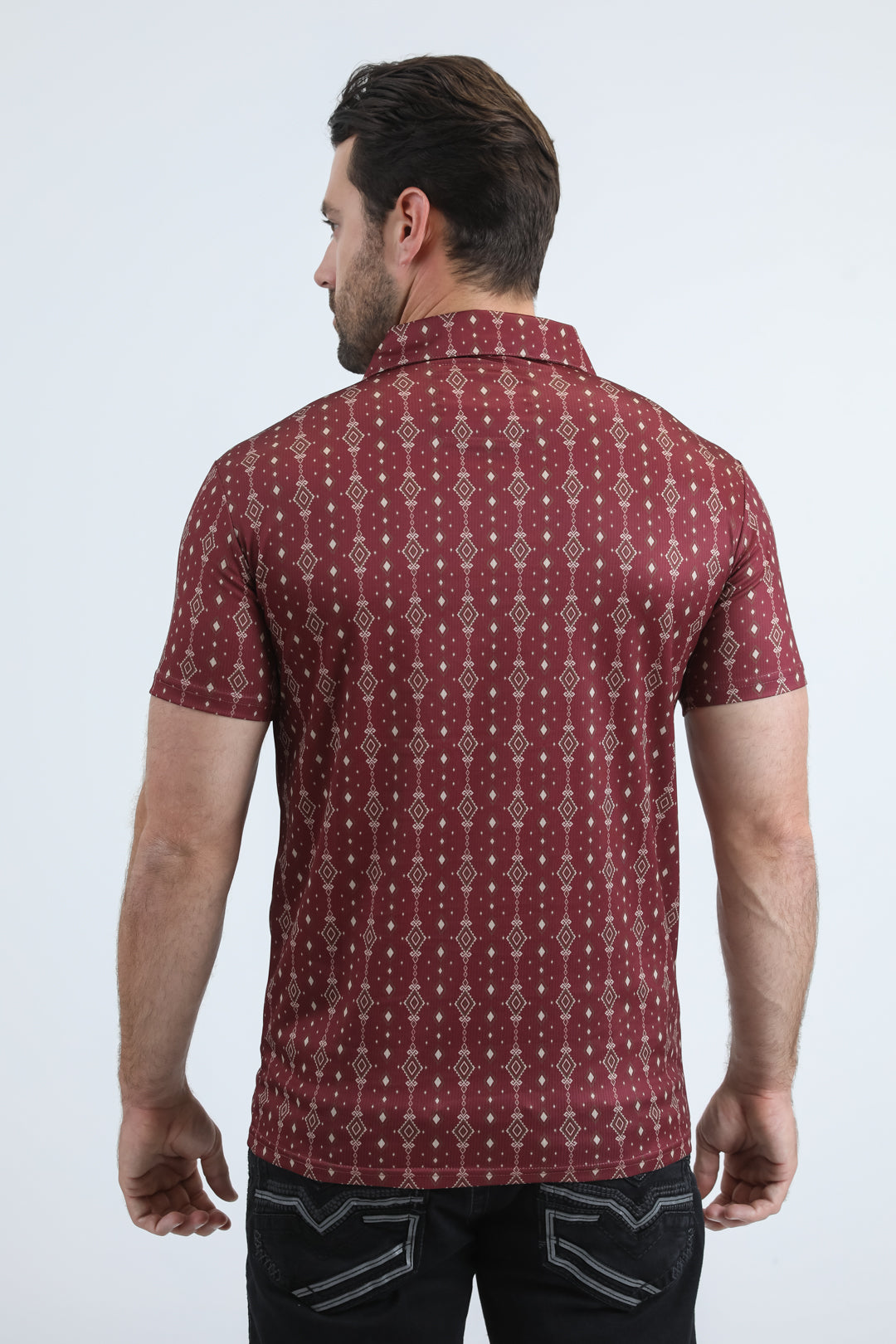 Mens Performance Fabric Modern Fit Stretch Aztec Print Red Polo