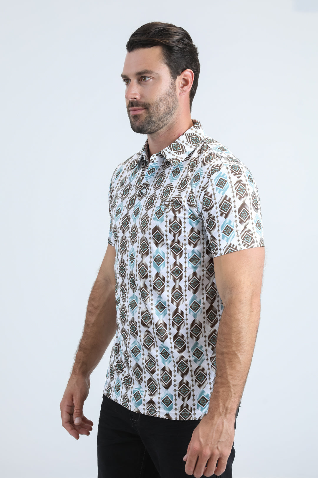 Mens Performance Fabric Modern Fit Stretch Aztec Print White Polo