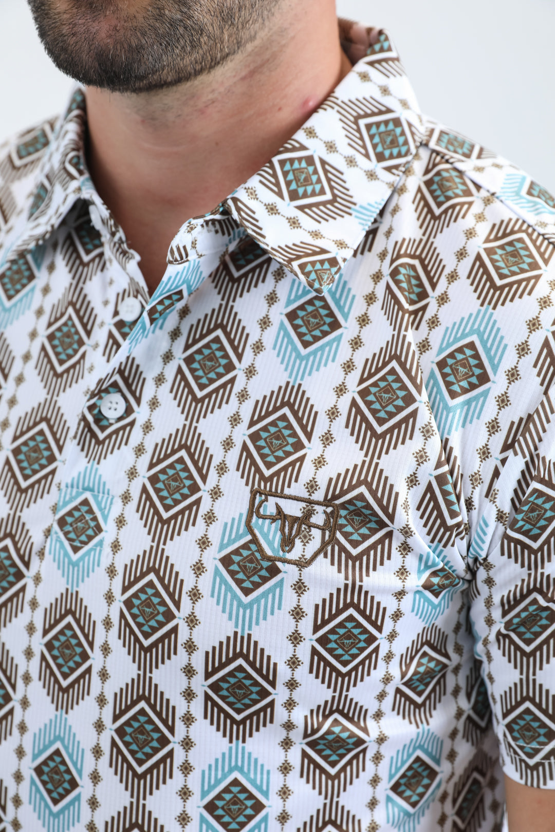 Mens Performance Fabric Modern Fit Stretch Aztec Print White Polo