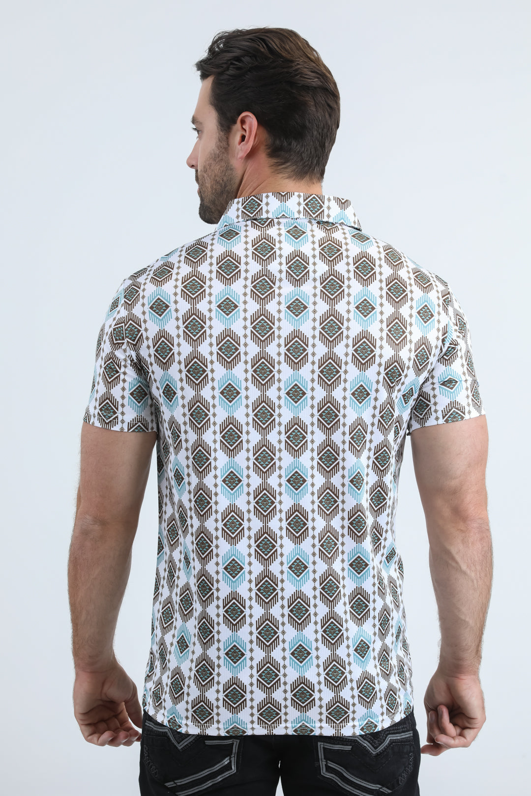 Mens Performance Fabric Modern Fit Stretch Aztec Print White Polo