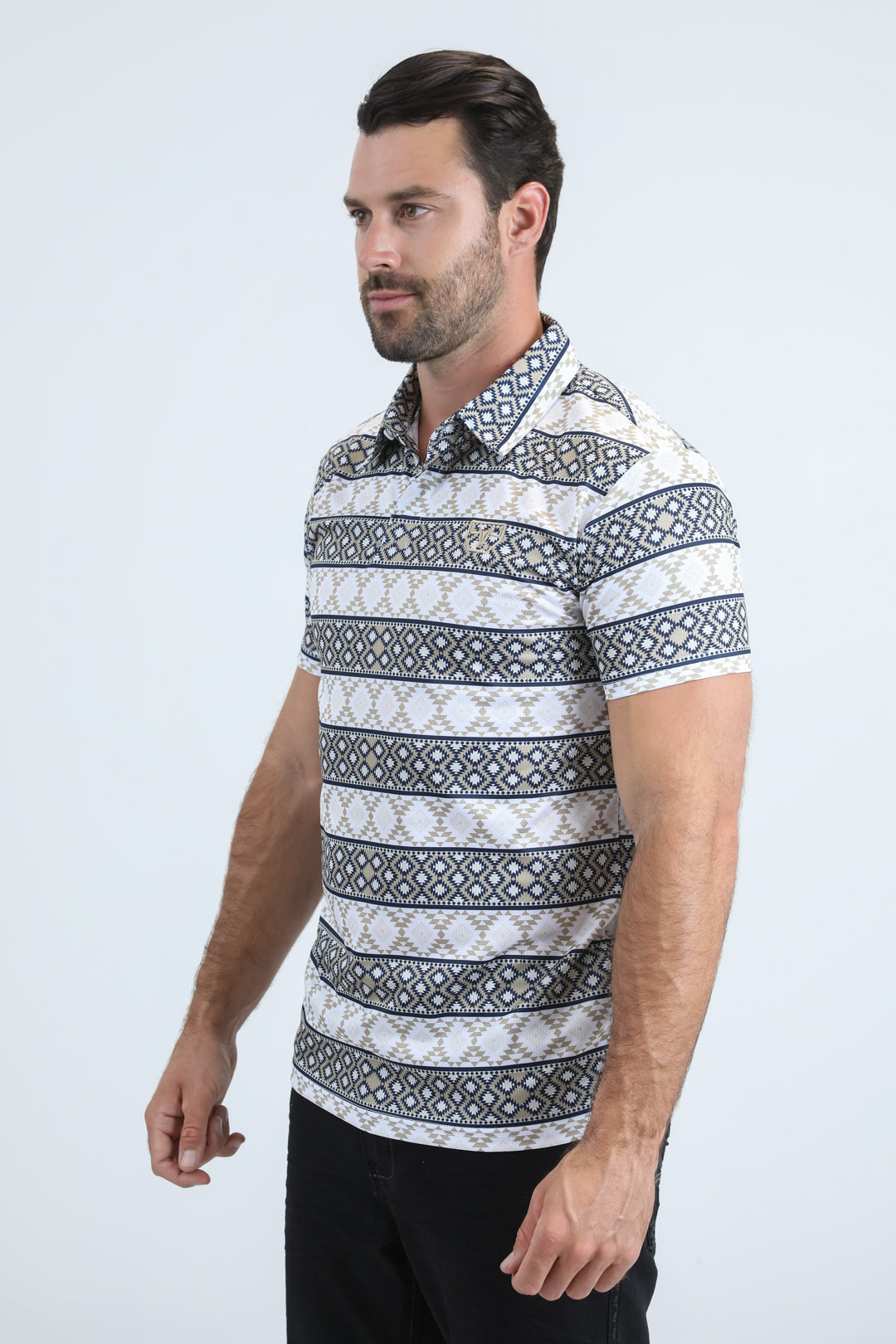 Mens Performance Fabric Modern Fit Stretch Aztec Print White Polo
