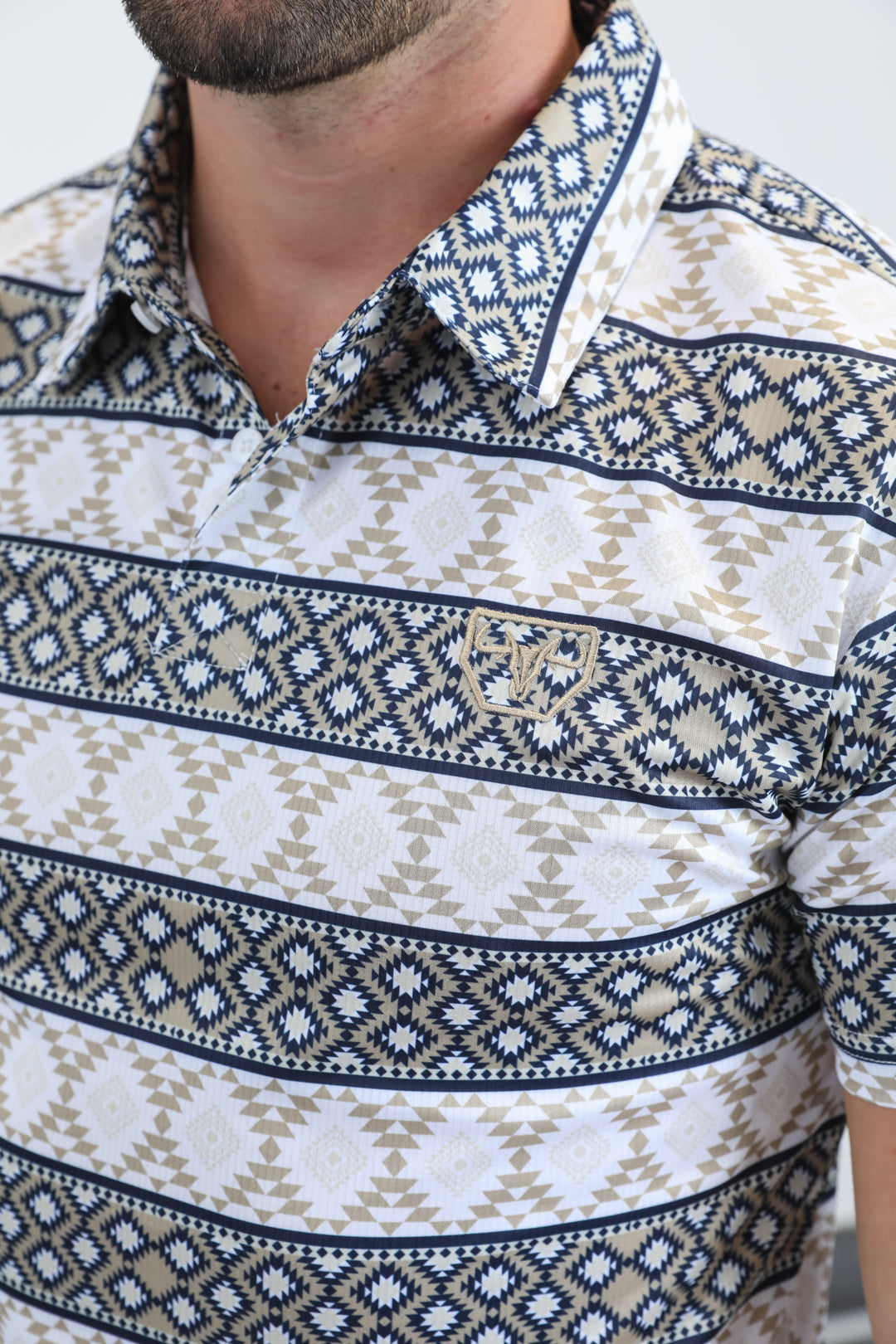 Mens Performance Fabric Modern Fit Stretch Aztec Print White Polo