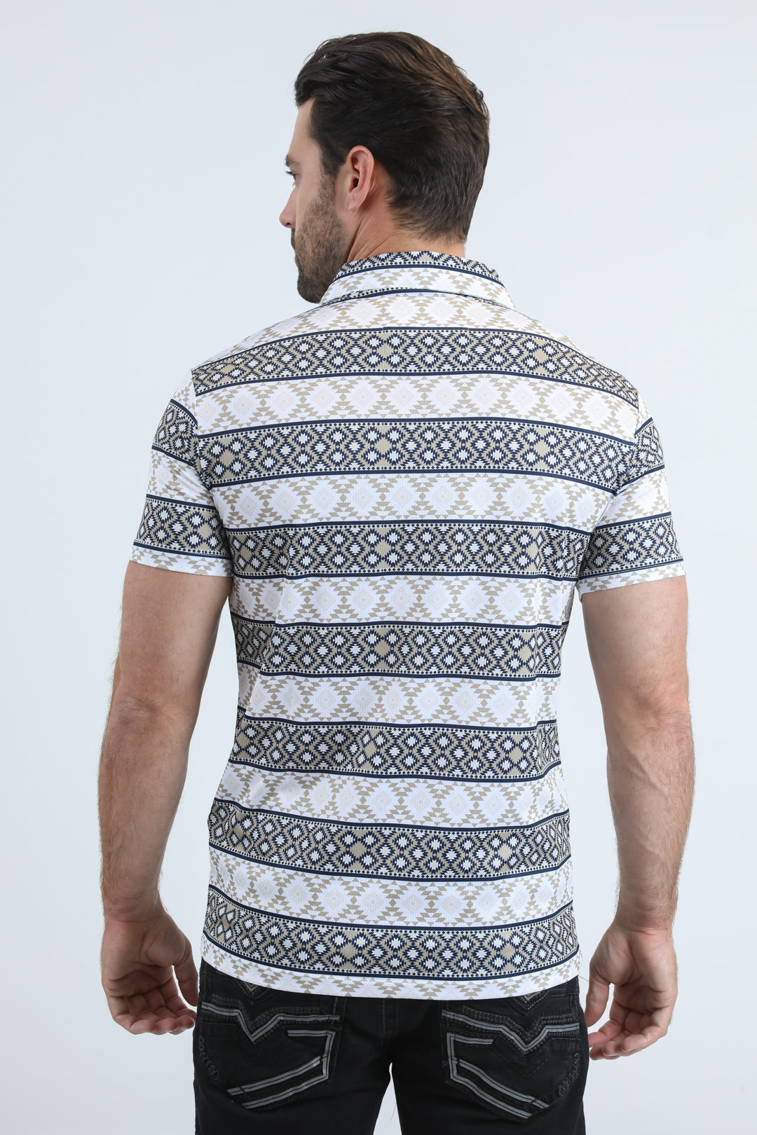 Mens Performance Fabric Modern Fit Stretch Aztec Print White Polo