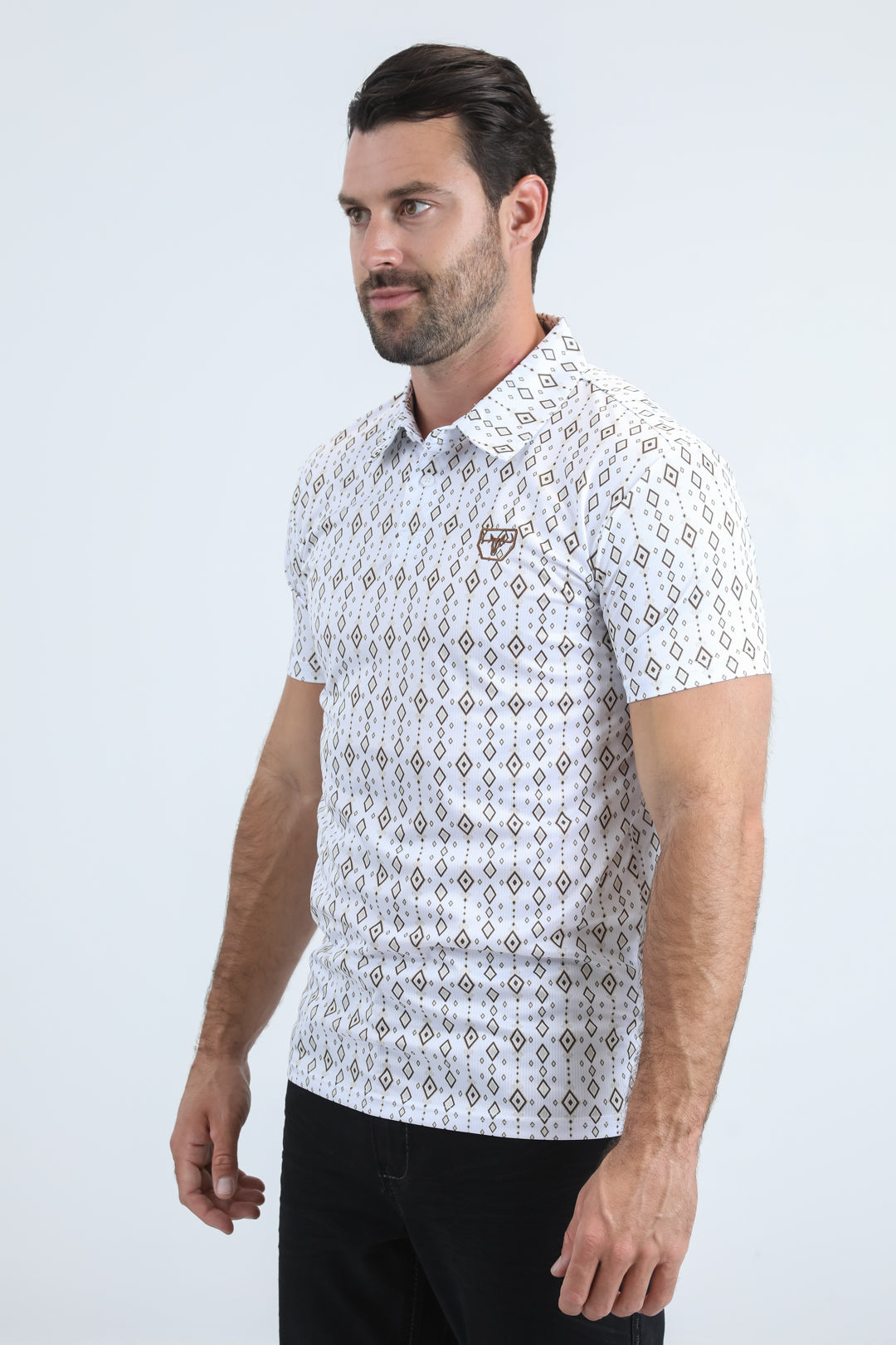 Mens Performance Fabric Modern Fit Stretch Aztec Print White Polo