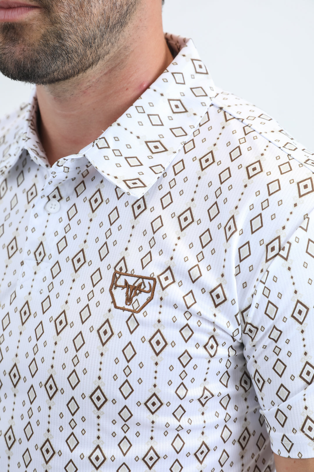 Mens Performance Fabric Modern Fit Stretch Aztec Print White Polo
