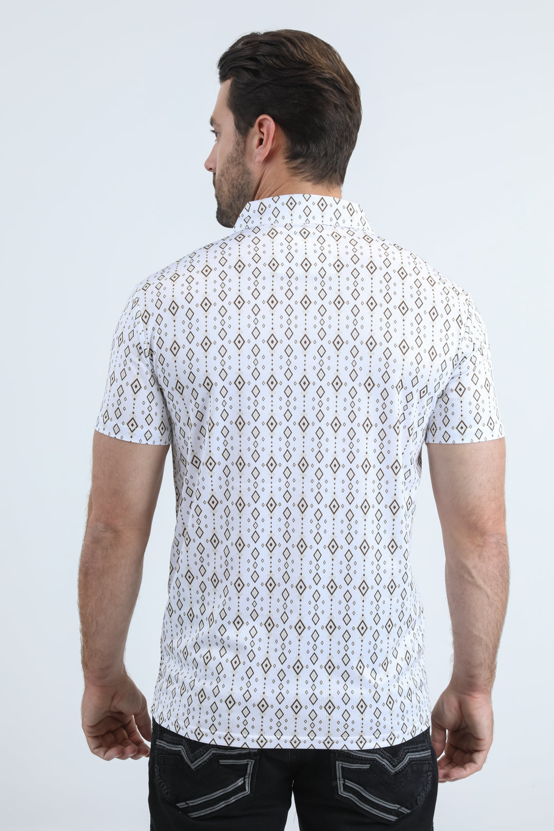 Mens Performance Fabric Modern Fit Stretch Aztec Print White Polo