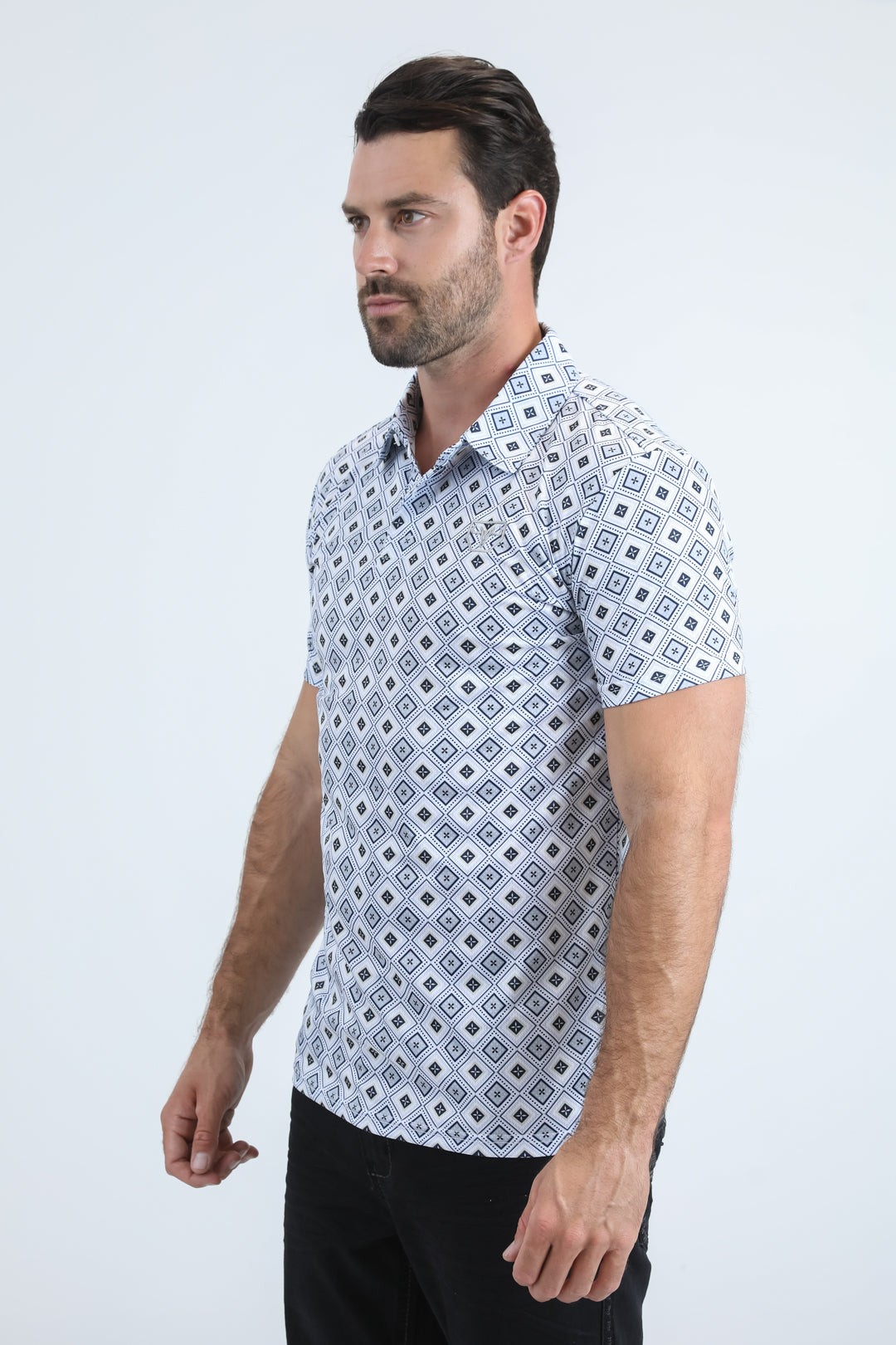 Mens Performance Fabric Modern Fit Stretch Aztec Print White Polo