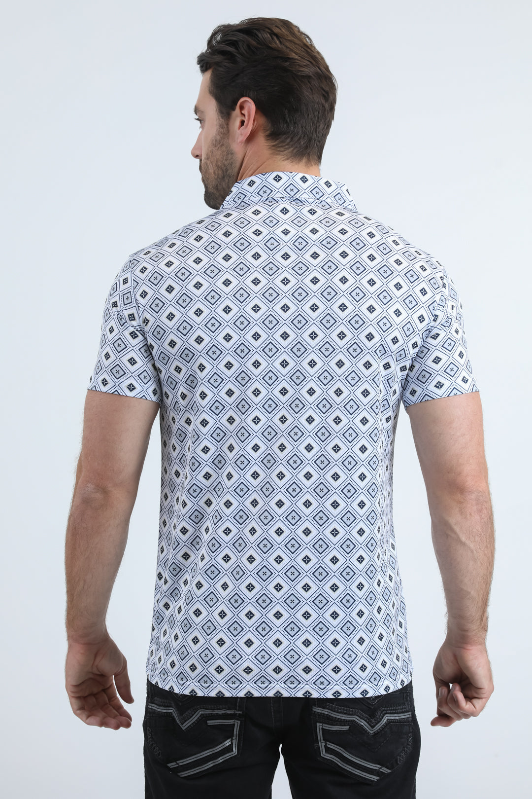 Mens Performance Fabric Modern Fit Stretch Aztec Print White Polo