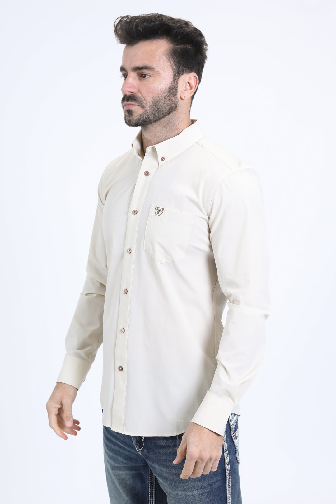 beige performance solid long sleeve shirt men platini back