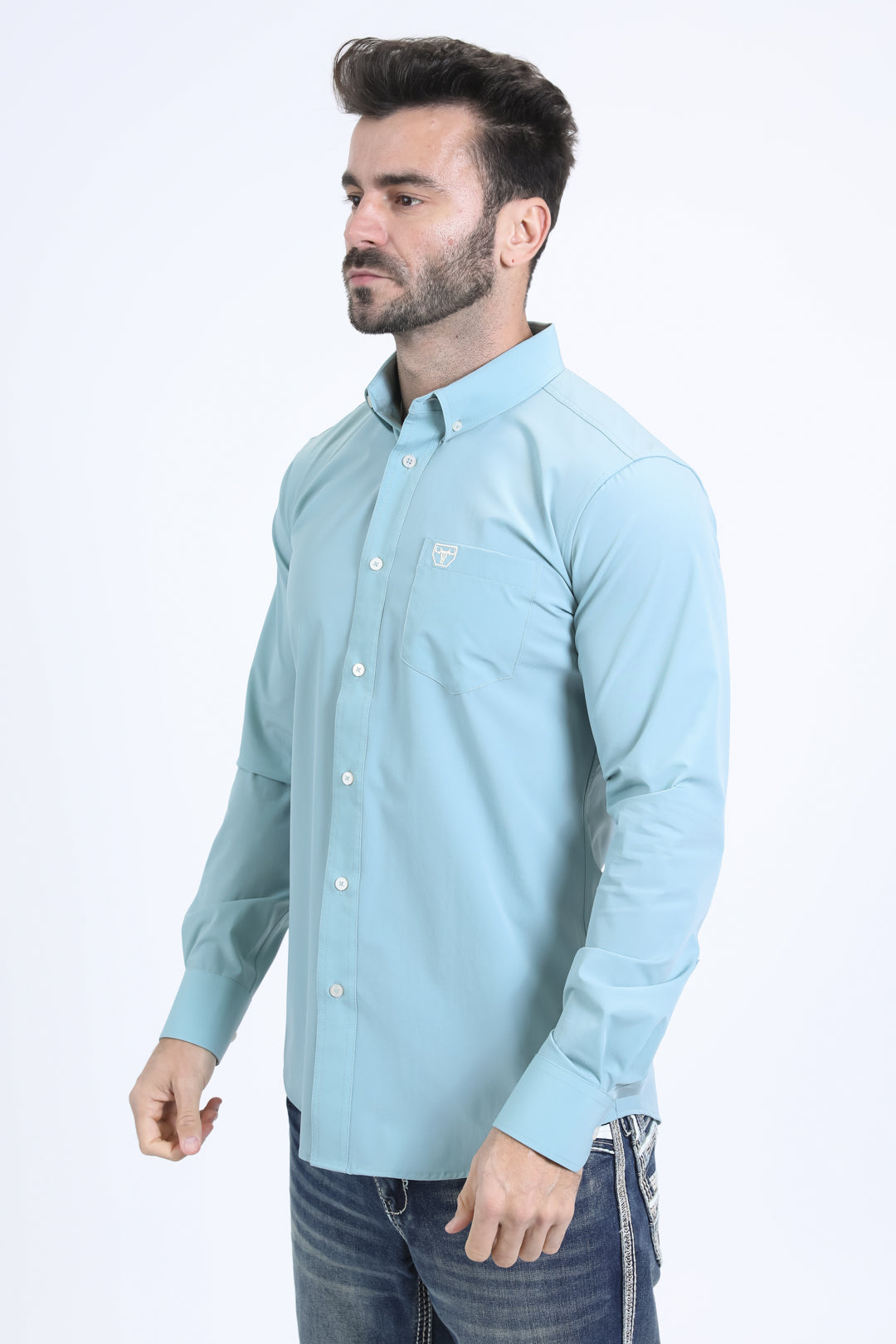 blue performance solid long sleeve shirt men platini back