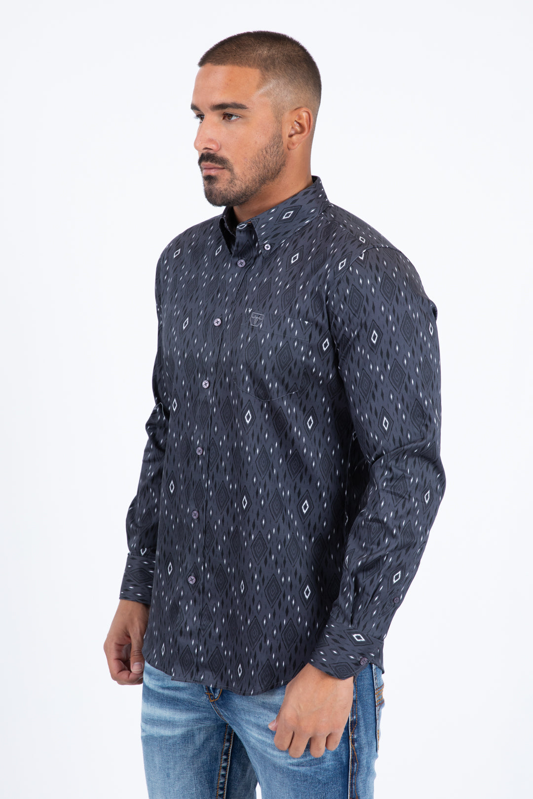 grey diamond ethnic long sleeve shirt men platini detail-2
