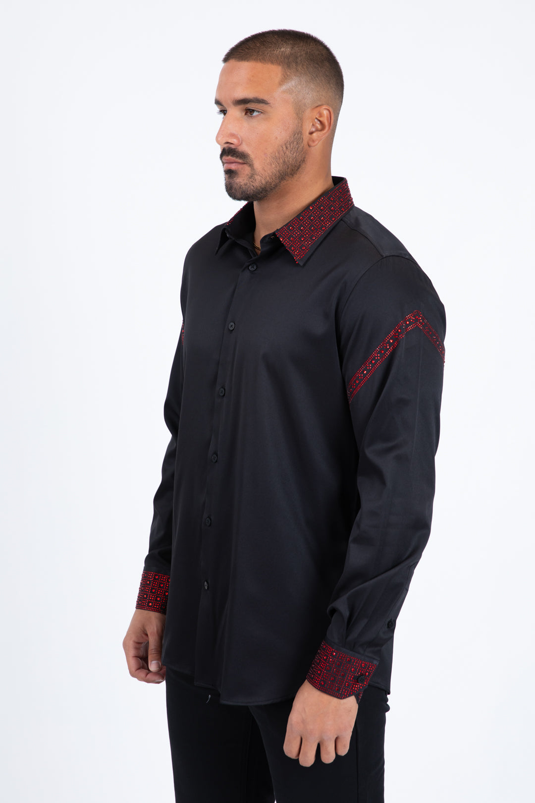 black/red rhinestone solid satin shirt men platini detail-2