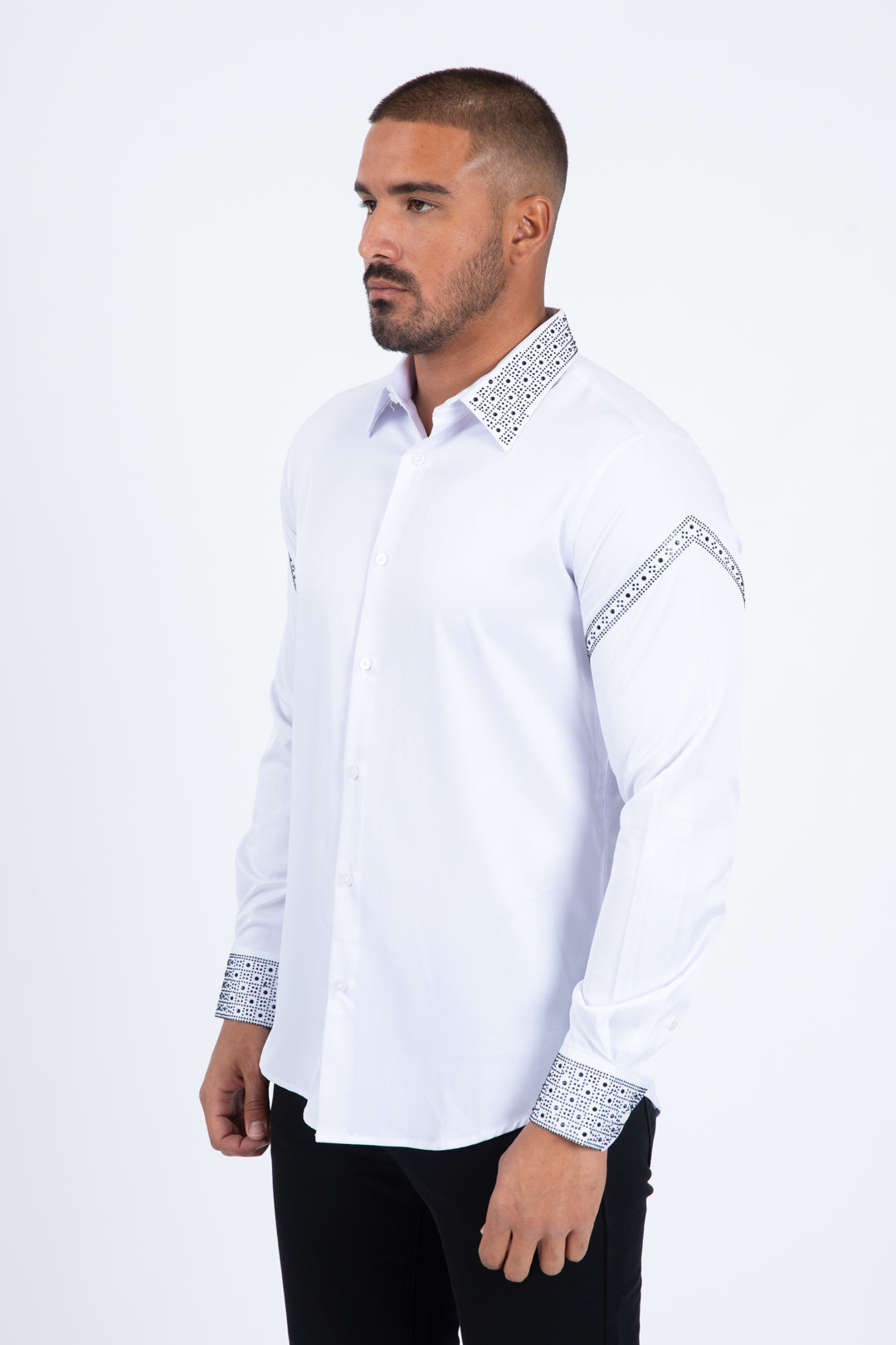 white rhinestone solid satin shirt men platini detail-2