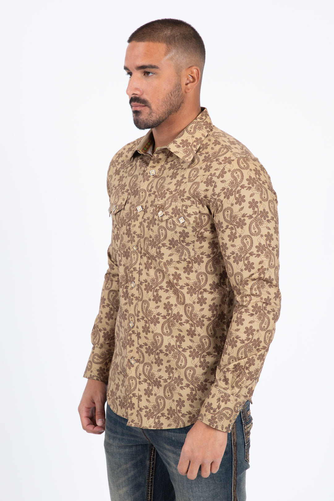 beige organic botanical western shirt men platini detail-2