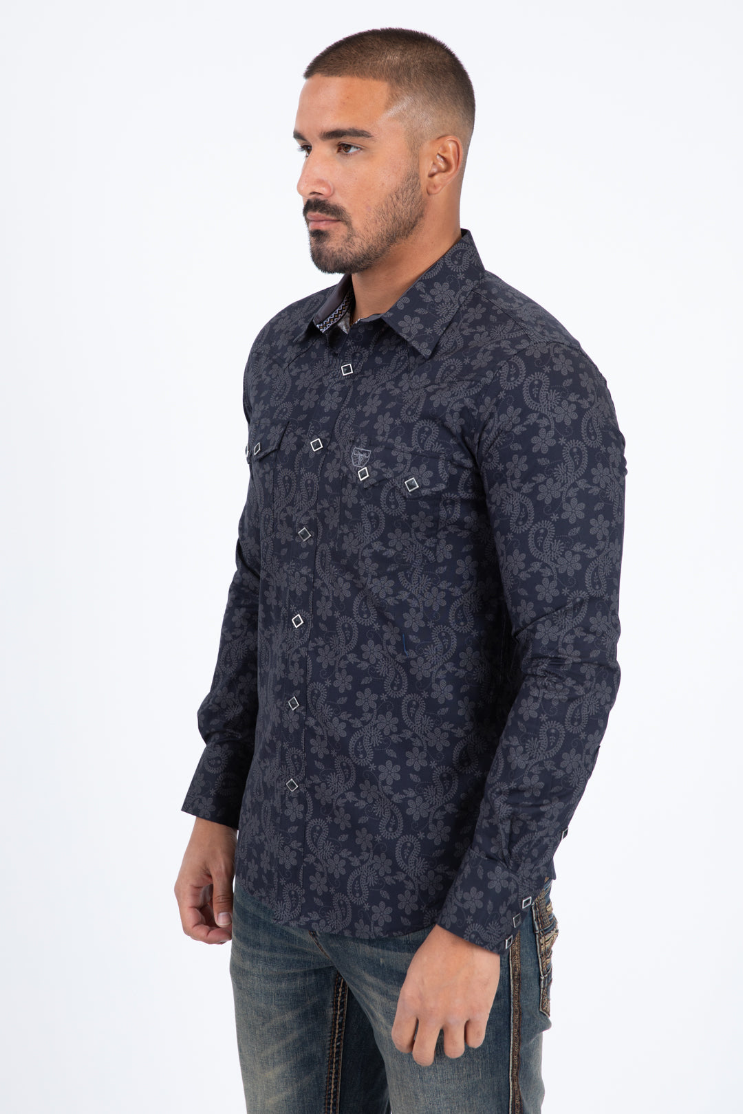 black organic botanical western shirt men platini detail-2