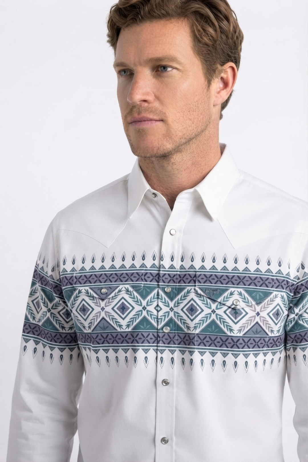 white aztec band western shirt men platini close-up