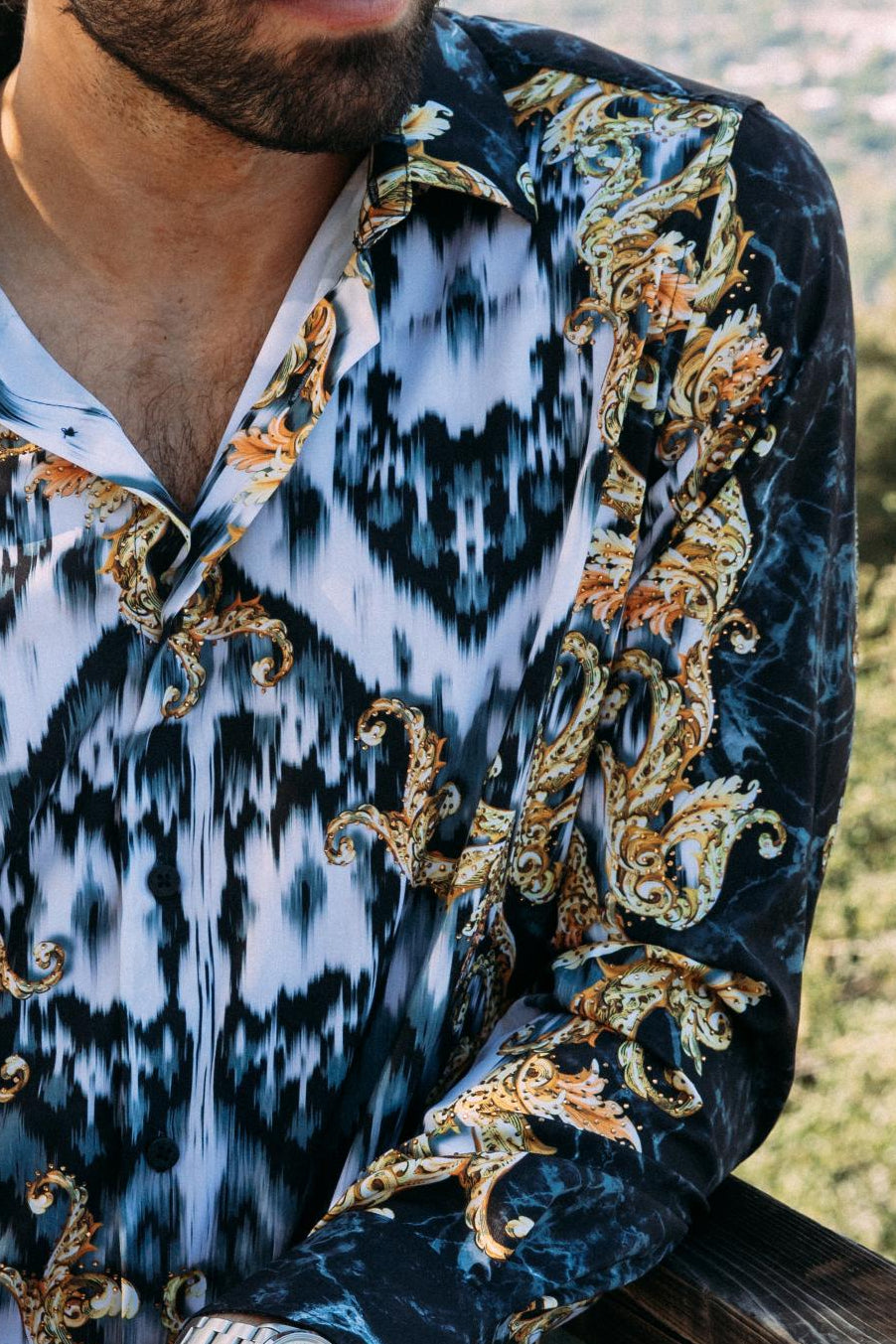 black rhinestone ikat baroque shirt platini lifestyle detail